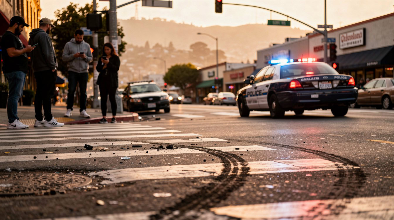 Bystanders at the scene of a traffic accident in Oakland, California