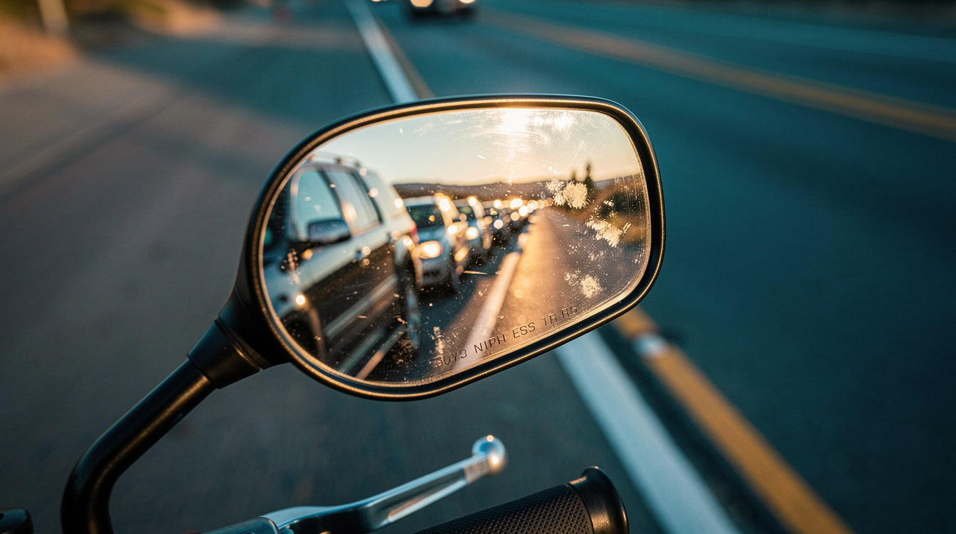 Motorcycle mirror reflecting stopped traffic on a California highway